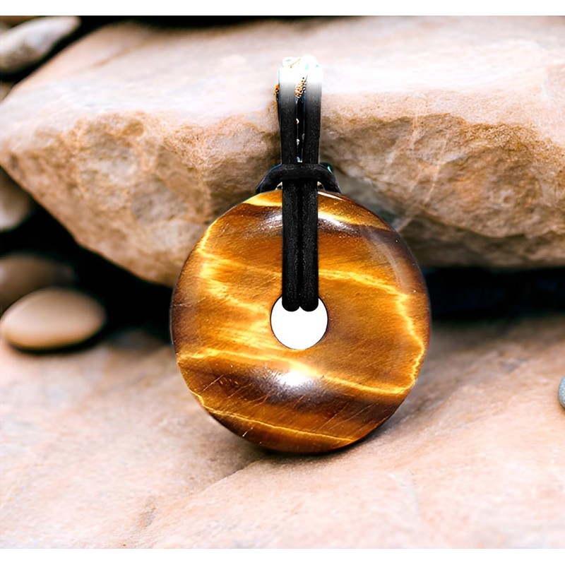 Kaltner Presents Necklace Tiger Eye Gemstone Donut Pendant with Leather