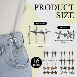 Xorim 16 Pairs Adjustable Star Button Pant Waist Tightener, Waist Tightener for Pants Women, No Tools No Sew Required to Detachable Temporary Decoration. for Loose Jeans, Pants, Skirts, Sleeves