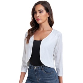 Women's Bolero Shrug Crop Cardigan Open Front Knit Sweater 3/4 Sleeve Tops(Off-White,S)