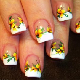 White French Tip Press on Nails Short Square False Nails - Yellow Flower Design Glossy Nude Fake Nails Spring Glue on Nail Full Cover Reusable Summer Stick on Nail for Women Girls Manicure 24Pcs