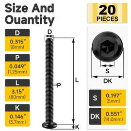 Mywish M8 x 80 mm, 20 tornillos hexagonales de cabeza plana, tornillos de acero inoxidable 304 tornillos de rosca completa, óxido negro y llave hexagonal
