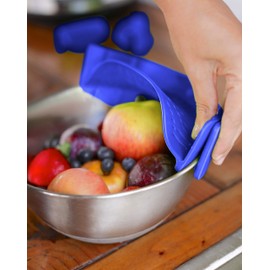 Clip-On Kitchen Food Strainer for Spaghetti, Pasta, Ground Beef Grease, Colander & Sieve Snaps on Bowls, Pots and Pans, Set includes Silicone Strainer, Brush & Garlic Peeler by Salbree (Dark Blue)