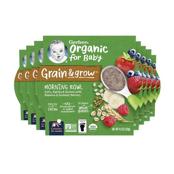Gerber Organic Grain & Grow Morning Bowl, Oats, Barley & Red Quinoa With Banana & Summer Berries, 4.5 Ounce (Pack of 8)
