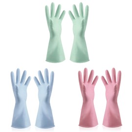 YTPAFK 3 Pairs Washing Up Gloves Medium, Reusable Rubber Cleaning Gloves for Kitchen, Dishwashing & Household Chores, Long Cuffs, Non-Slip Grip, PVC Material, Light Blue, Green, Pink