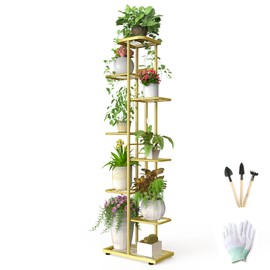 8 Tier 9 Potted Gold Plant Stand Indoor with Gardening Tools and Gloves, Tall Metal Corner Plant Shelf Organizer Outdoor, Multiple Flower Pot Holder Display Rack for Patio, Garden, Balcony, Living Room
