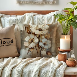 2Pack Flowers Decorative Pillow Covers Modern Beige Poppy Design Cushion Covers Oil Painting Pretty Floral Pillowcases 18 x 18 Inch Farmhouse Spring Summer Decorations (Beige/Brown)