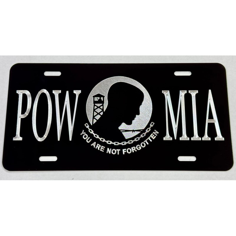Silver Engraved POW MIA Car Tag Diamond Etched Vanity Front