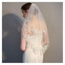 Yalice Silver Flower Bride Wedding Veil Short White Lace 2T Two-tier Veil Waist Length Bridal Veils Soft Tulle Hair Accessories (White)
