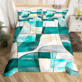 Feelyou Geometric Abstract Bedding Set Twin Size Kids Teal Blue Marble Pattern Comforter Cover Set for Boys Girls Teens Duvet Cover Modern Art Bedspread Cover Room Decor Quilt Cover
