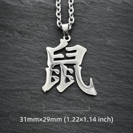 Wchama Chinese Zodiac Snake Rabbit Ox Rat Necklace Kanji Necklaces Japanese Stainless Steel Pendant Chain for Women Men (Year of the Rat)