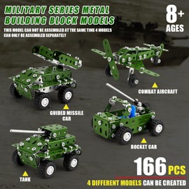 BESTYMXY Model Building Kits, Metal Military Toys Model Kit, 4 in1 Erector Sets for Boys Age 8-12, Military Vehicles & Aircraft STEM Building Toys Metal Model