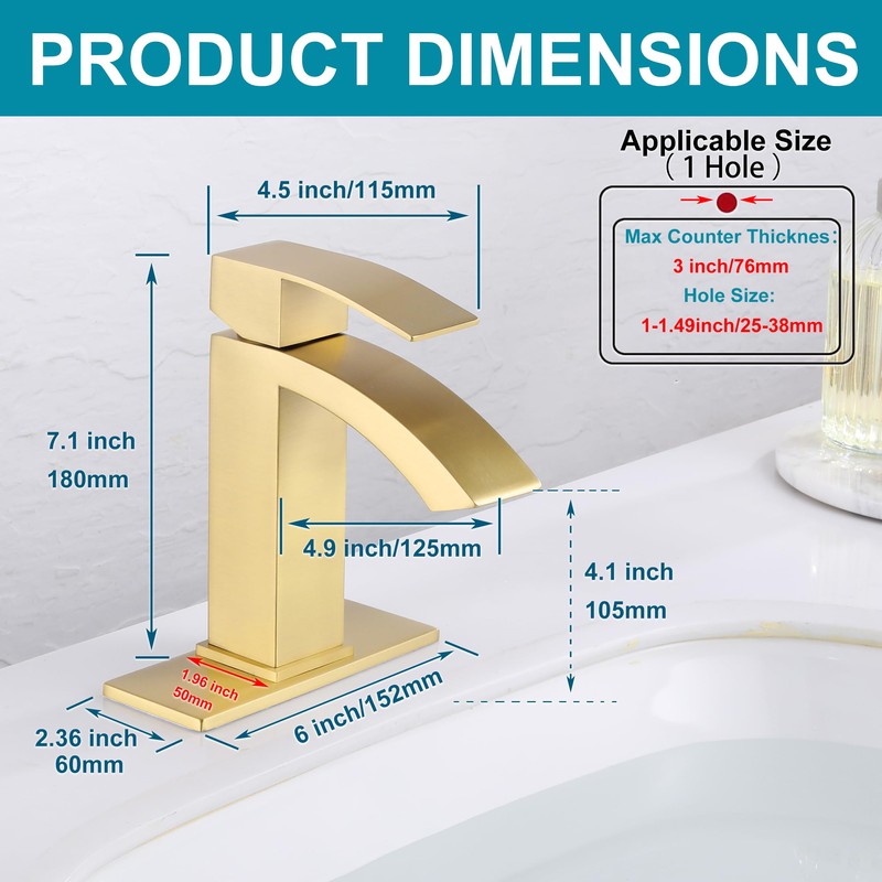 Jodulos Gold Bathroom Faucet, Waterfall Bathroom Sink Faucet with cUPC