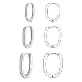 Cangall 3 Pairs 925 Sterling Silver Hoop Earrings for Women, Hypoallergenic Cartilage Silver Oval Huggie Earrings Set with AAAAA Zircon, Minimalist Dainty CZ Sleeper U Hoop Geometric Ear Hoops Stack
