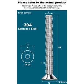 Drenky Pack of 25 M6 x 45 mm Countersunk Screws Stainless Steel V2A VA A2 Countersunk Screws with Hexagon Socket DIN 7991 / ISO 10642 Thread Screws Rustproof Silver Screws Metric Standard Thread