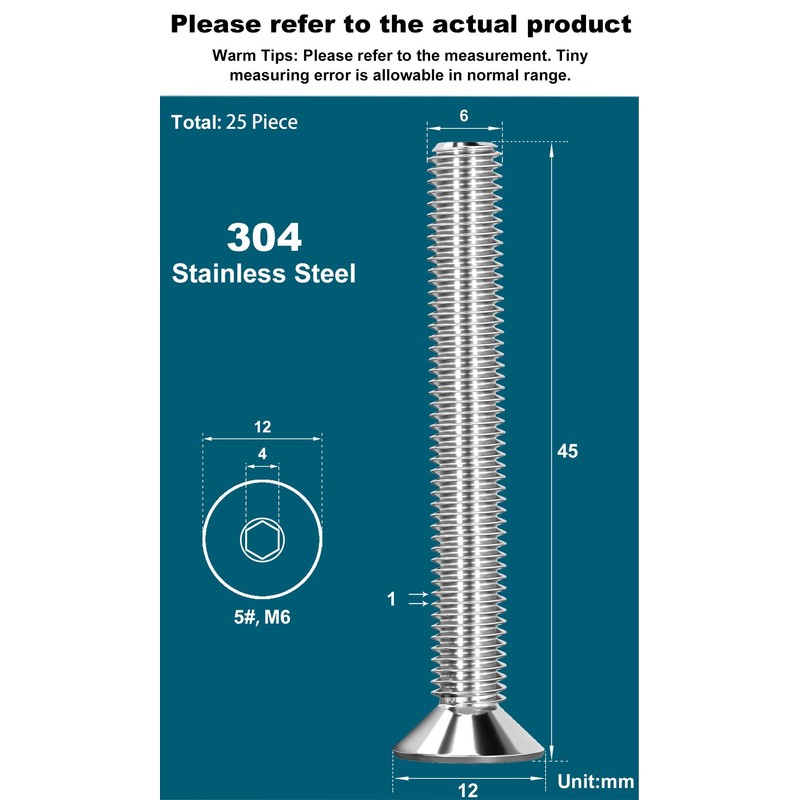 Drenky Pack of 25 M6 x 45 mm Countersunk Screws