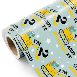 WRAPAHOLIC 2nd Birthday Wrapping Paper Roll - Mini Roll - 17 Inch x 33 Feet - Adorable Dinosaurs Construction Design, Perfect for Kids Boys Birthday, Baby Shower