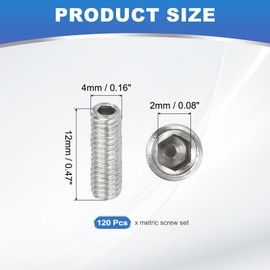 PATIKIL Set of 120 Grub Screws M4 x 12 mm Hexagonal Grub Screw 304 Stainless Steel Hexagon Socket Grub Screws for Holder Door Handles Tap Light Repair