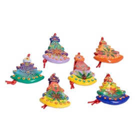 NOVICA Hand Painted Christmas Tree Ceramic Hanging Holiday Ornaments, 'Christmas Tree' (Set of 6)