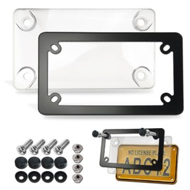 Motorcycle License Plate Covers- Bubble License Plate Protector and Black Stainless Steel Metal License Plate Frame, Unbreakable Protective Cover is Clear, with Front Rear Screws Caps