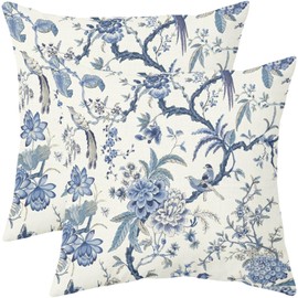 Chinoiserie Pillow Covers 20x20 Set of 2 Blue White Birds Floral Print Decorative Throw Pillows Outdoor Rustic Farmhouse Pillowcases Cushion Case Decor for Home Sofa Couch Bed