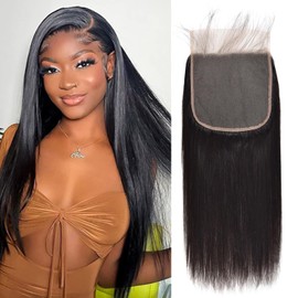 6x6 Closure Human Hair Closure Straight Pre Plucked Swiss Lace 6x6 Transparent Lace Closure With Baby Hair Bleached Knots Brazilian Closure 100% Unprocessed Natural Color Free Part 16 Inch