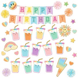 FYSUIMU Pastel Happy Birthday Bulletin Board Decoration Set Colored Sweet Milk Tea Birthday Paper Cutouts with 100 Pcs Glue Points for Back to School Classroom Month Calendar, 49 Pcs