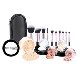 Starter Kit with 10pc Brush Set (Fair Shade 1) Mineral Makeup Loose Powder Bare Face Includes Matte Foundation, Veil Primer, Blush, Bronzer, Translucent Finishing Setting Powder SPF 30 Travel