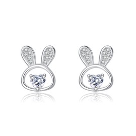 SLUYNZ 925 Sterling Silver CZ Rabbit Stud Earrings for Women Teens Easter Rabbit Bunny Stud Earrings (A-SILVER)