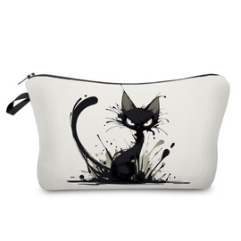 Livel lhood Black Cat Makeup Bag Angry Cat Small Organizer Bag Toiletry Zipper Pouch Black Ink Cat Cosmetic Bag Present for Cat Lovers Cat Mom Women, hzt0633