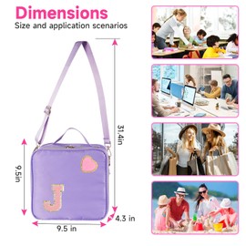Insulated Nylon Lunch Box for Girls, Kids, and Women-Stylish Purple Preppy Large Lunch Bag with Adjustable Strap (Letter J), Tote for School, Travel, and Picnics-Ideal Preppy Stuff Choice