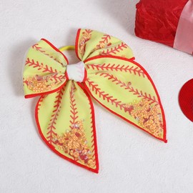 5.5" Yellow Softball Mesh Tulle Fable Shaker Bow Elastic Hair Tie Rubber Band Glitter Pigtail Ponytail Decor Accessory Game Day School Sports Gift for Cheerleader Girls Fans