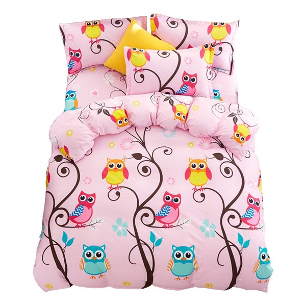 JQWUPUP Cartoon Kids' Duvet Cover Set Queen, 3Pcs (1 Duvet Cover and 2 Pillow Shams, No Comforter Insert) Gift for Teens Girls (Queen, Pink Owl)