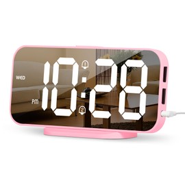 ALANAS Pink Mirror Digital Alarm Clock for Girls & Teens, Dual Alarms, Snooze, Adjustable Brightness, 2 USB Ports, Weekday Display, Cute Bedside Clock for Kids, Bedroom, Desk, Dorm, Gift Idea