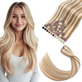 Elailite Clip-In Real Hair Extensions, 5 Pieces, Remy Hair Extensions with 12 Clips, 45 cm - 70 g, Straight Hairpieces, Natural Hair Extensions for Women, #12P613 Golden Brown Mix Light Blonde
