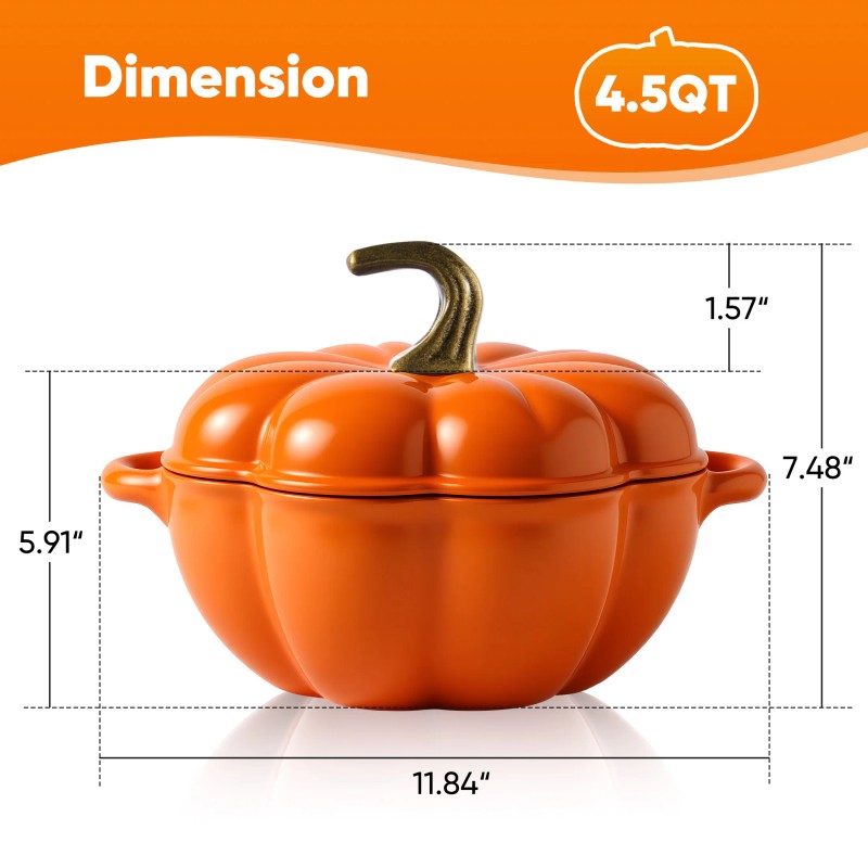 Pumpkin Design Ceramic Enamel Cast Iron Metal Dutch Oven 4.5QT