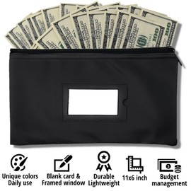 Money Bank Deposit Bag with zipper | 11x6 inch | Black | Durable Leatherette Money Cash Coin Check Wallet Pouch for Men & Women with Framed ID Window and Blank Card | by GIDABRAND (10)