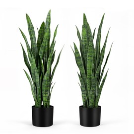 KOL 3ft 2-Pack Artificial Snake Plant - Thick Lifelike Leaves, Faux Silk Sansevieria for Indoor Home & Garden Decor, 35in Potted Fake Mother-in-Law's Tongue Plants, Green