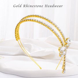 Yovic Rhinestone Bow Headbands Double Crystal Hairbands Gold Wedding Headpiece Women Bowknot Hair Accessories for Party Costume (Gold)