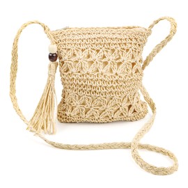 Feirdhoo Women's Straw Bag, Straw Shoulder Bag with Tassel, Woven Handmade Boho Bag with Zip, Beach Bag, Straw Handbag, Crossbody Bag for Holiday, Beach, Travel