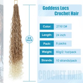 IIFLYDSFA Boho Faux Locs Crochet Hair 24 Inch 8 Packs Goddess Locs Crochet Hair with Curly Ends Ombre 27/613# Pre-looped Bohemian River Locs Hair for Women ﻿