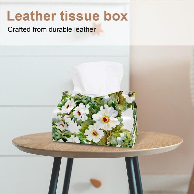 2 Pack Tissue Box Cover Holder, White Gardenia Rectangle Leather