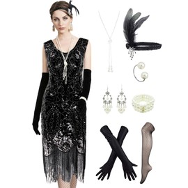 Women's Flapper Dresseses 1920s Sequin Fringed Paisley Great Dress 20s Costumes w/ 20s Accessories Set