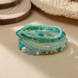 Pingyongchang Juego de pulseras bohemias apilables de cuentas para mujer, juego de pulseras elásticas multicapa hechas a mano con cuentas de cristal multicolor, Resina Metal, Metal