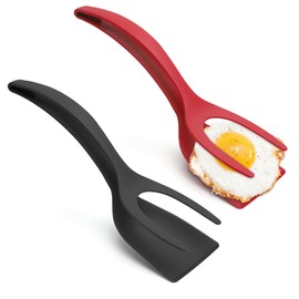 UOCAI 2 Stück Spiegeleier Flipper Spatel, 2 in 1 Spatel und Zange Kunststoff Pfannenwender Antihaft Eierwender Plastikspatel zum Kochen, Grip Flip Turner für Fisch Ei Burger Pfannkuchen（Rot,Schwarz）