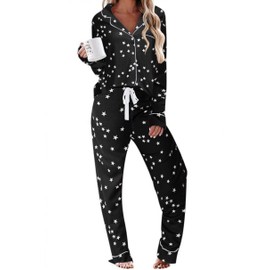 Ekouaer Lounge Set Women's Cotton Knit Pajamas Matching Pjs Two Piece Long Sleep Set with PJ Pants Black with StarsMedium