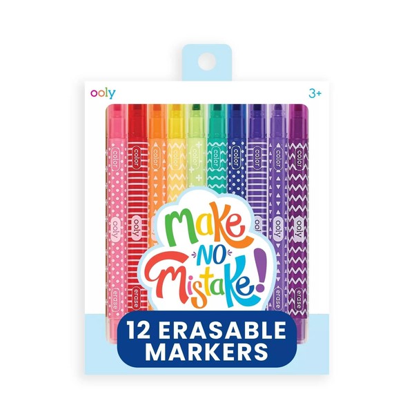 Ooly Make No Mistake Erasable Markers, Stress and Mess Free Marker Pack You Can Erase, Drawing and Coloring Pens for Kids and Adults, Colorful School Supplies for Any Arts and Crafts, Set of 12
