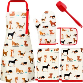 Hoolerry 6 Pcs Dog Kitchen Apron Dish Towels Oven Mitts and Pot Holders Sets with Silicone Spatula for Women Wife Grandma Cooking Baking Gifts (Brown)