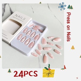 Christmas French Tips Nails Fake Nails Medium Length Almond Coffin Press on Nails White Snowflake Full Cover Artificial Nails Acrylic False Nails with Stripe Design Nails for Women & Girls 24Pcs