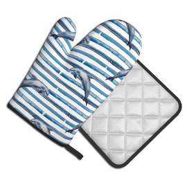 Dolphin Pattern Oven Mitts and Pot HoldersSets of 2，Heat Resistant Microwave Gloves Non-Slip Pot Pads Set for Kitchen Cooking Baking Grilling BBQ