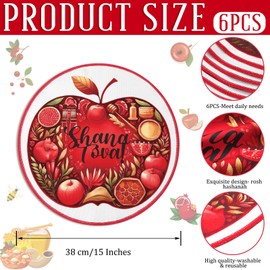 Teenyyou 6 Pcs Rosh Hashanah Placemats Jewish New Year Decorations Apples Pomegranate Washable Red Round Non Slip Heat Resistant Place Mat for Home Dinning Table Party Kitchen Decor, 15 x 15 Inch